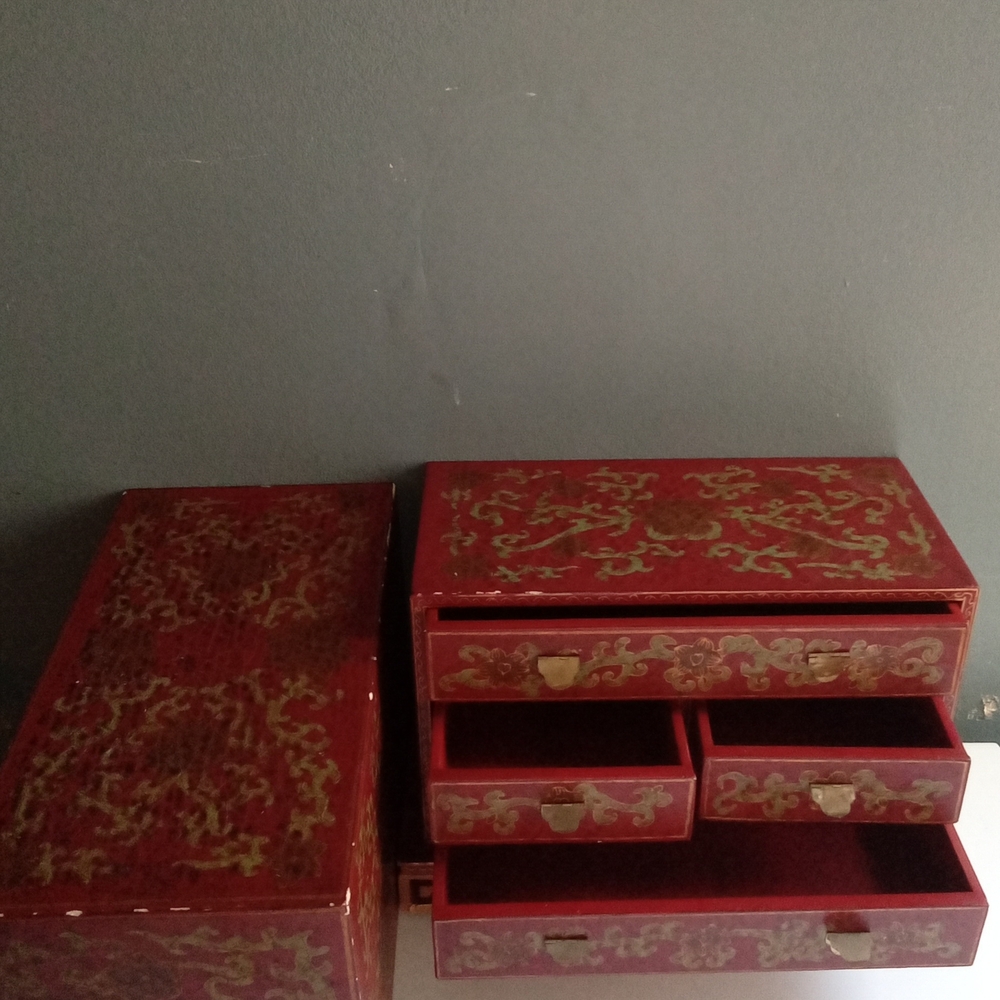 Vintage Red Lacquer Jewelry Box Chest with Gold Dragon‎ Motif and Drawers